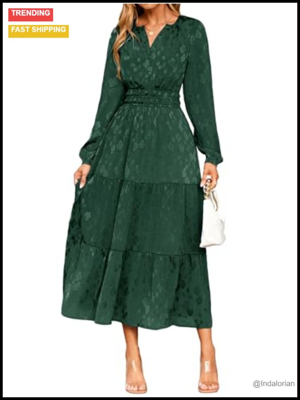 Long Sleeve V-Neck Floral Jacquard Maxi Dress Tiered Wedding Guest